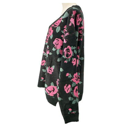 LuLaRoe Torrie Sweater Womens L Black Acrylic LS Pink Green Floral Print V-Neck