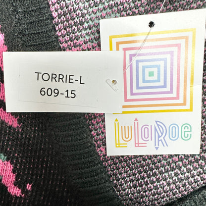 LuLaRoe Torrie Sweater Womens L Black Acrylic LS Pink Green Floral Print V-Neck