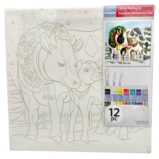 Artists Loft Canvas Painting Kit Winter Cow Theme 11 X 11 Christmas 12 pc NEW