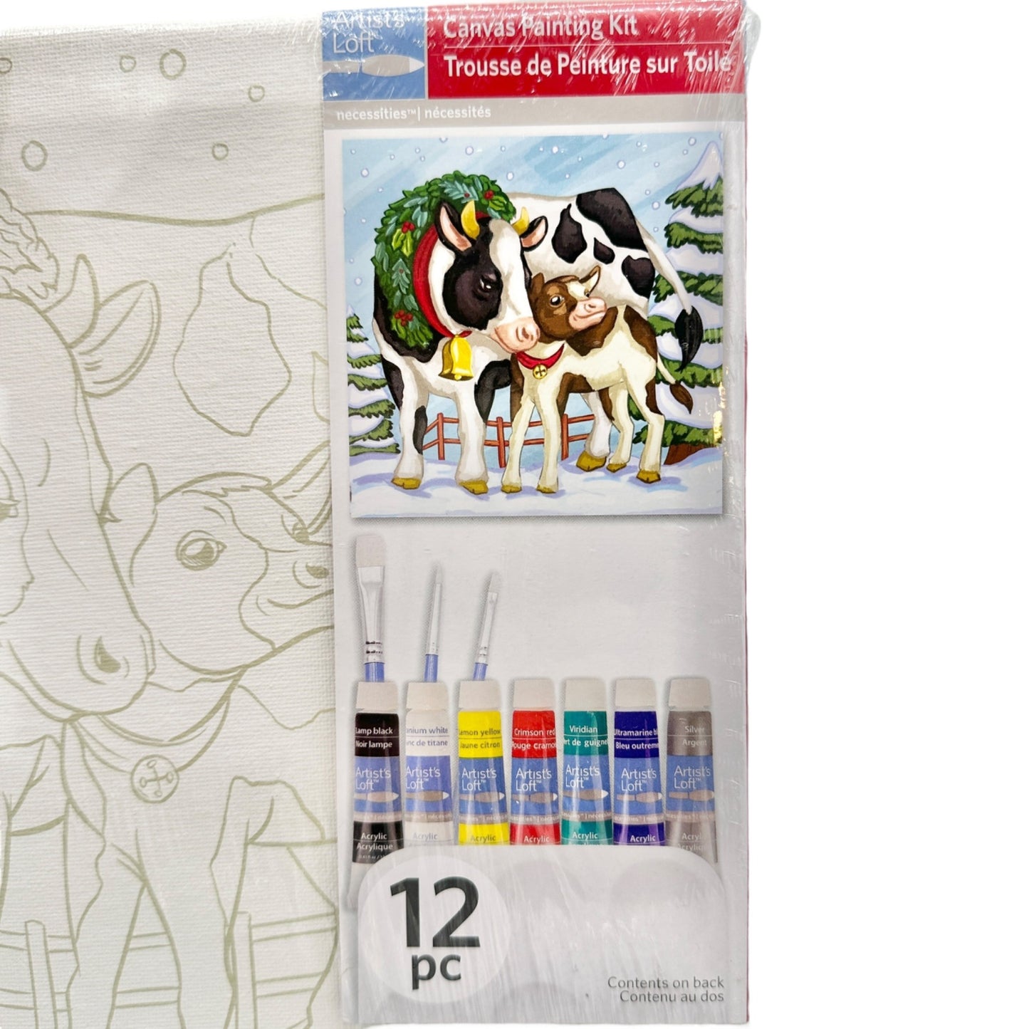 Artists Loft Canvas Painting Kit Winter Cow Theme 11 X 11 Christmas 12 pc NEW