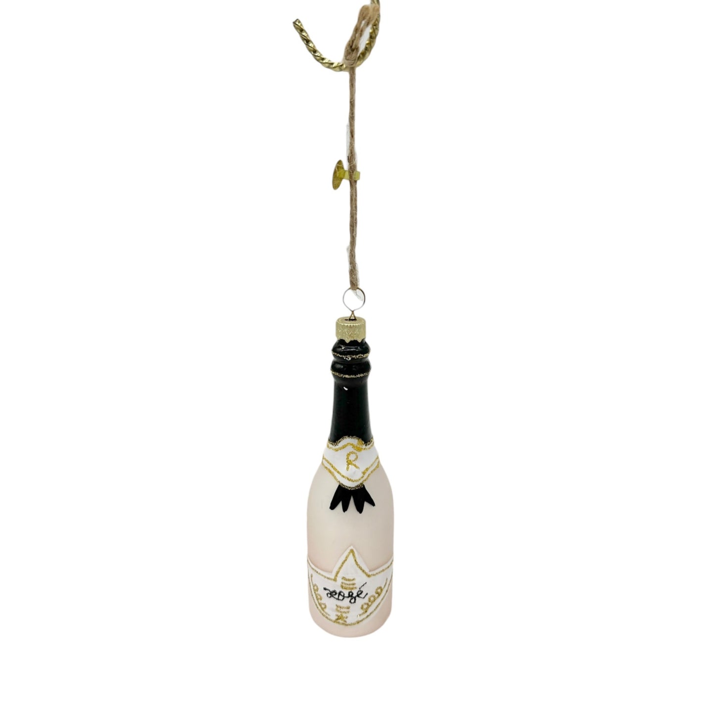 Rosé Champagne Bottle Glass Ornament With Gold Glitter Accent in Original Box