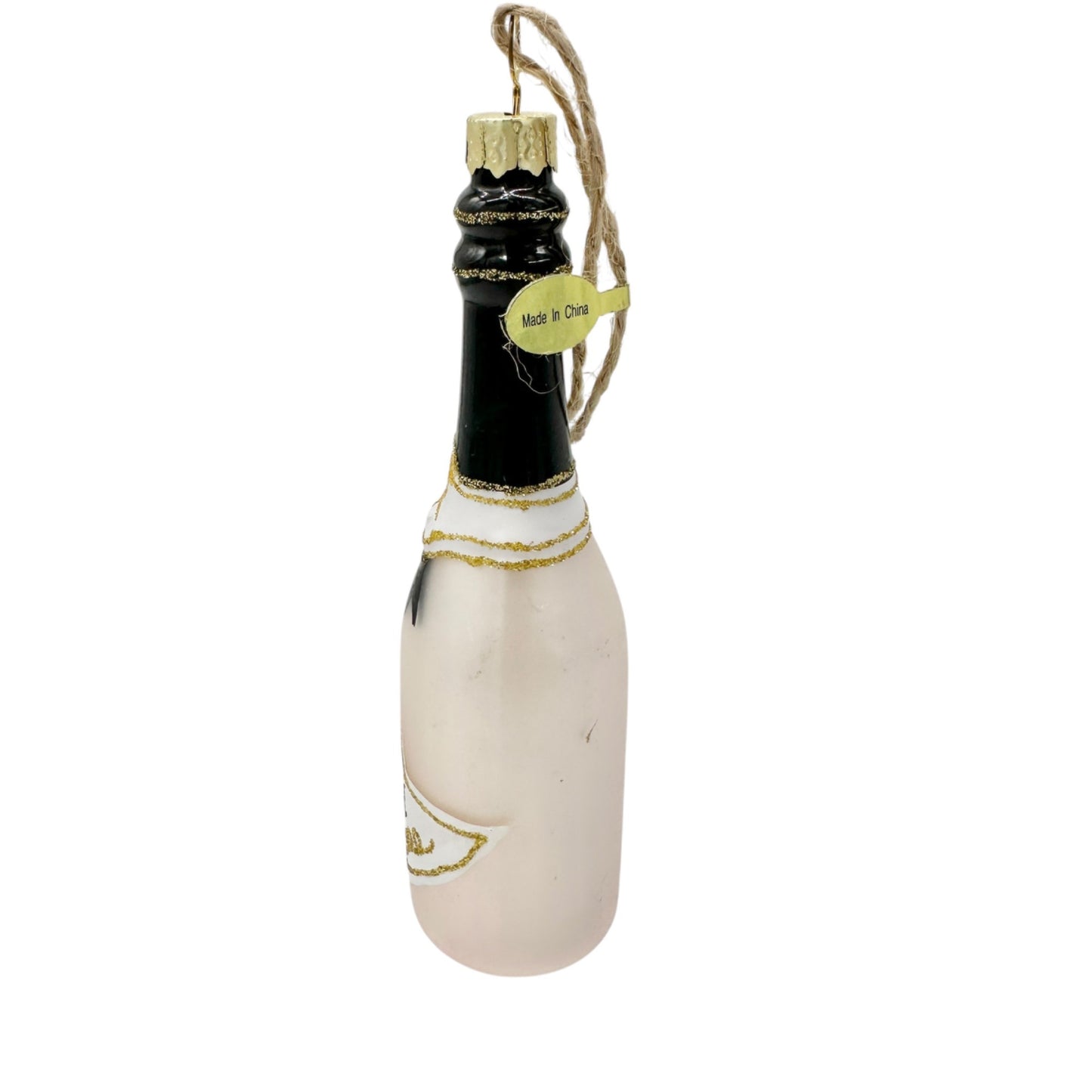 Rosé Champagne Bottle Glass Ornament With Gold Glitter Accent in Original Box