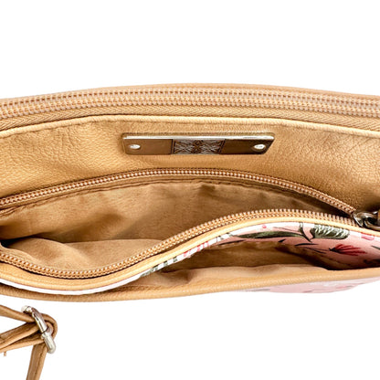 Womens Crossbody Handbag Purse Tan Pink Floral Adjustable Strap Multiple Pockets
