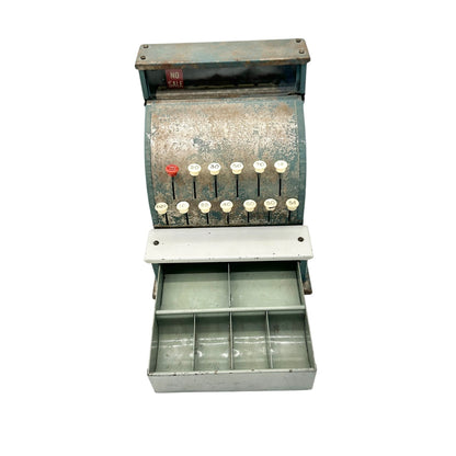 Vintage Toy Cash Register With Functional Buttons and Play Money Drawer Blue Metal