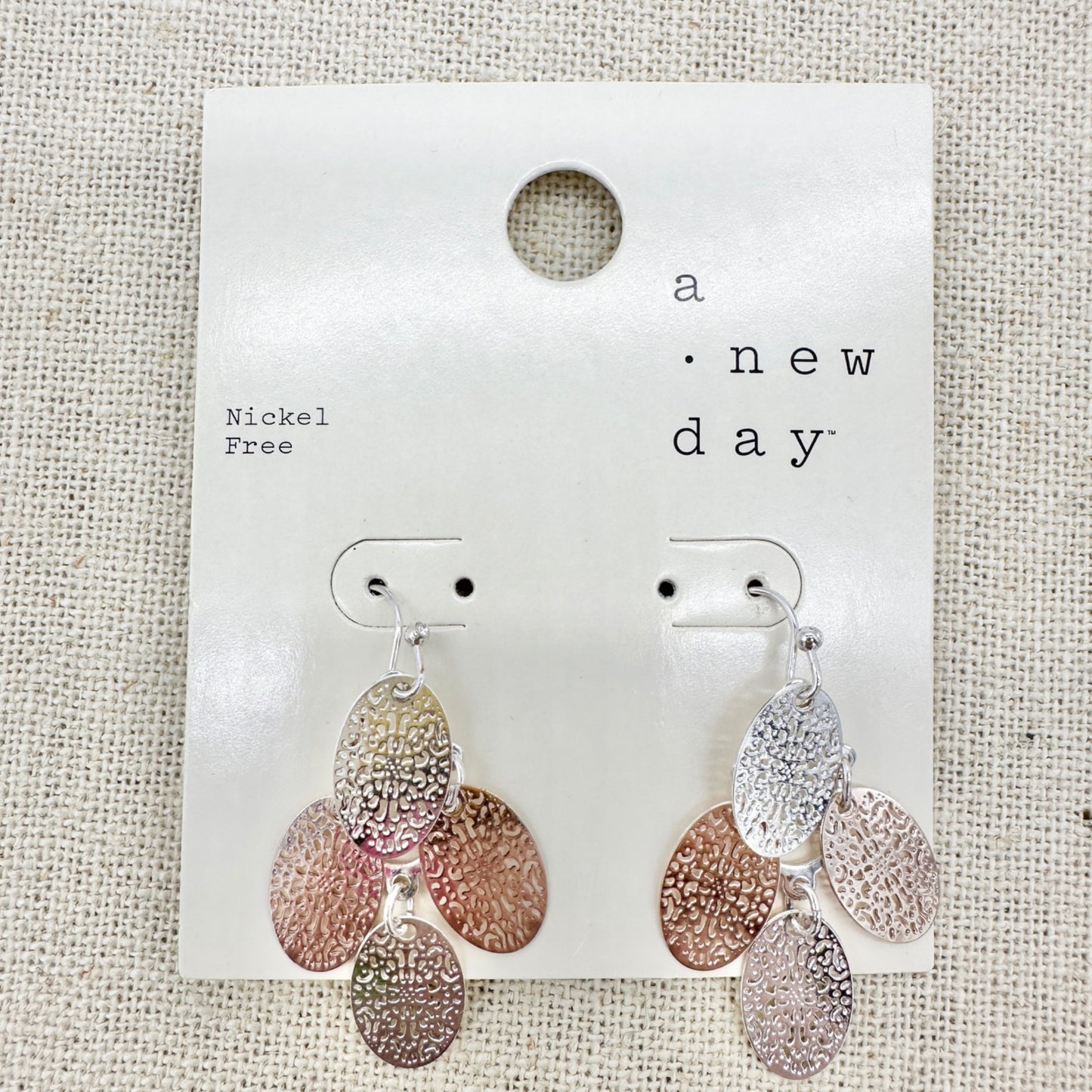 Set of 2 Pairs of Dangle Hook Earrings Silver Tone Filigree Textured Oval Clover