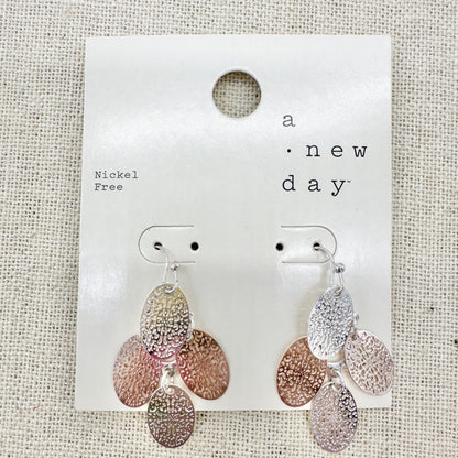 Set of 2 Pairs of Dangle Hook Earrings Silver Tone Filigree Textured Oval Clover