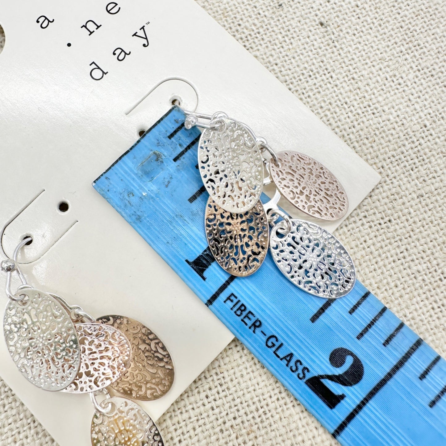 Set of 2 Pairs of Dangle Hook Earrings Silver Tone Filigree Textured Oval Clover