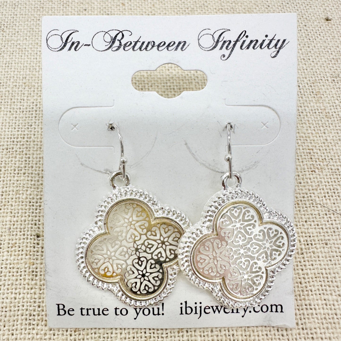 Set of 2 Pairs of Dangle Hook Earrings Silver Tone Filigree Textured Oval Clover