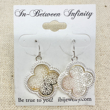Set of 2 Pairs of Dangle Hook Earrings Silver Tone Filigree Textured Oval Clover