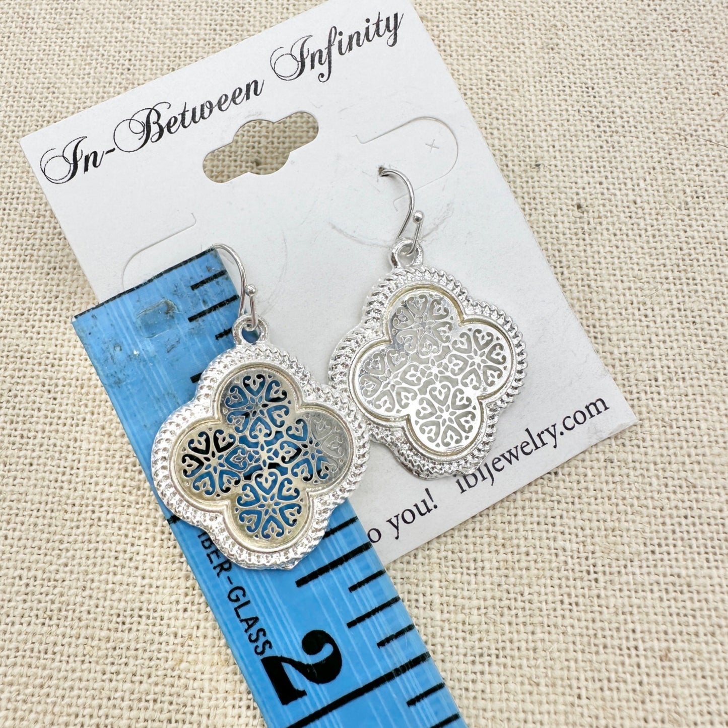 Set of 2 Pairs of Dangle Hook Earrings Silver Tone Filigree Textured Oval Clover