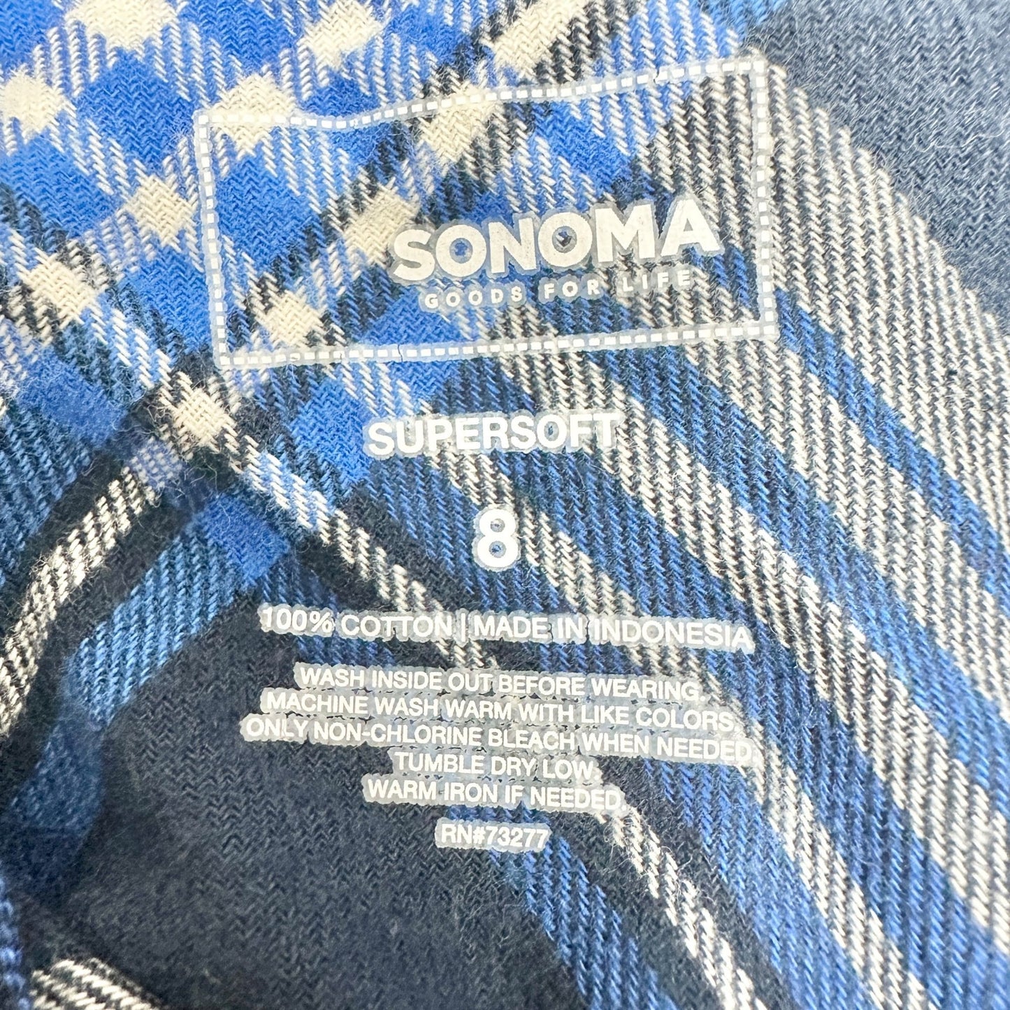 Sonoma Supersoft Button Up Shirt Boys Size 8 Blue Plaid Long Sleeves Cotton