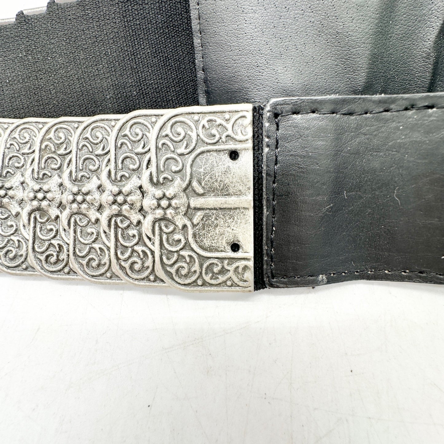 Womens Black Belt 39.5 inches Long Silver Buckle Elastic Back with Metal Plates