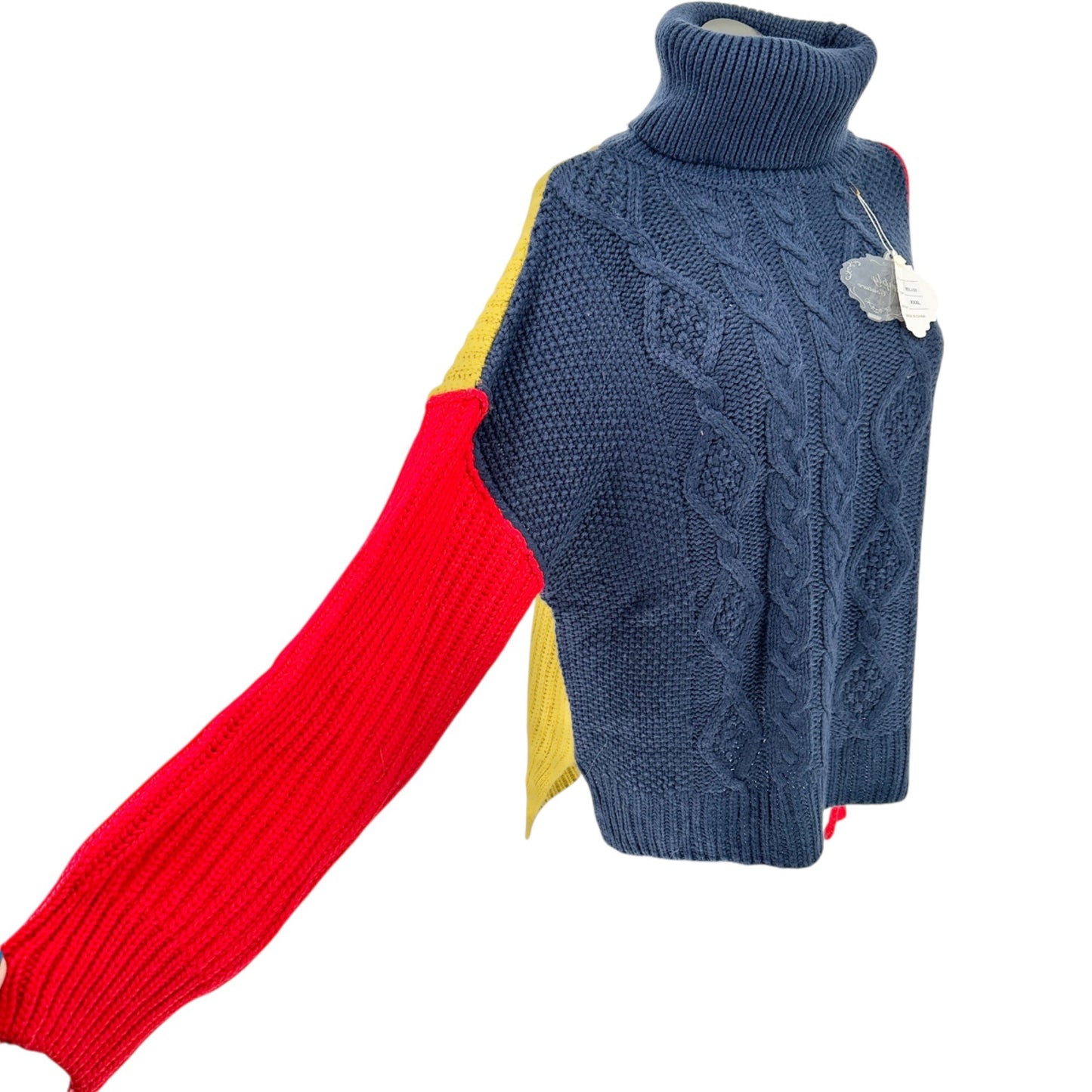 Simply Couture Colorblock Cable Knit Turtleneck Sweater XXXL Navy Red Yellow