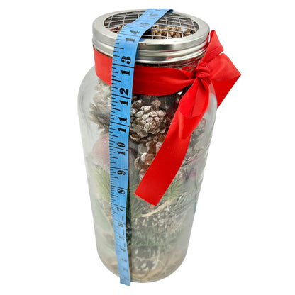 Botanicals 14 inch Tall Decorative Glass Jar With Festive Pinecones Red Berries