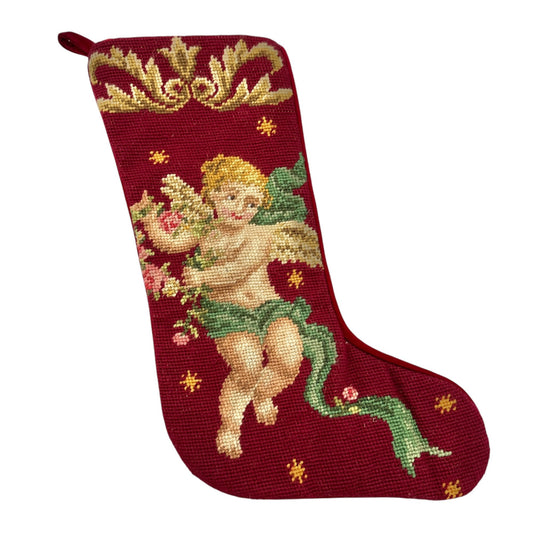 Vtg Embroidered Christmas Stocking With Cherub Design By Imperial Elegance Wool