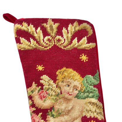 Vtg Embroidered Christmas Stocking With Cherub Design By Imperial Elegance Wool