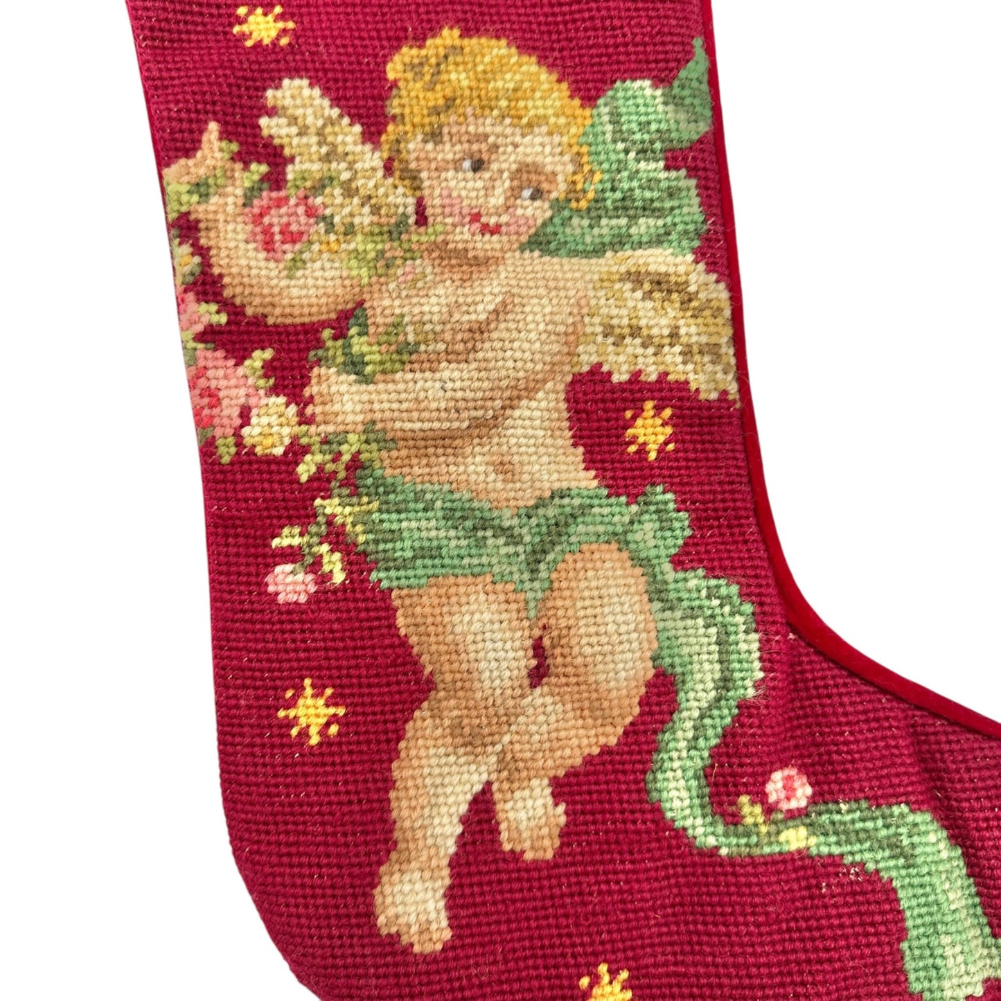 Vtg Embroidered Christmas Stocking With Cherub Design By Imperial Elegance Wool