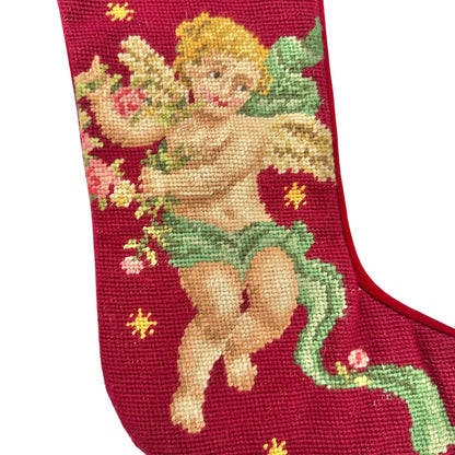 Vtg Embroidered Christmas Stocking With Cherub Design By Imperial Elegance Wool