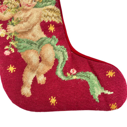 Vtg Embroidered Christmas Stocking With Cherub Design By Imperial Elegance Wool