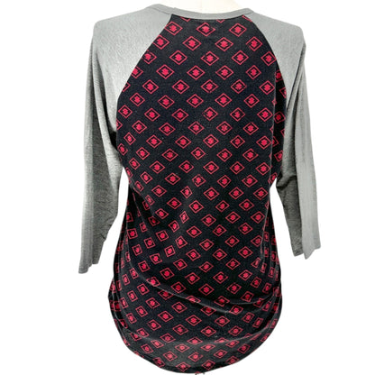 LuLaRoe Randy Top L Black Red Gray Geometric Print 3/4 Sleeve Raglan Stretchy