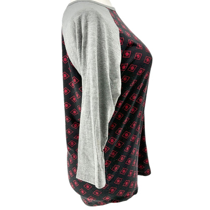 LuLaRoe Randy Top L Black Red Gray Geometric Print 3/4 Sleeve Raglan Stretchy