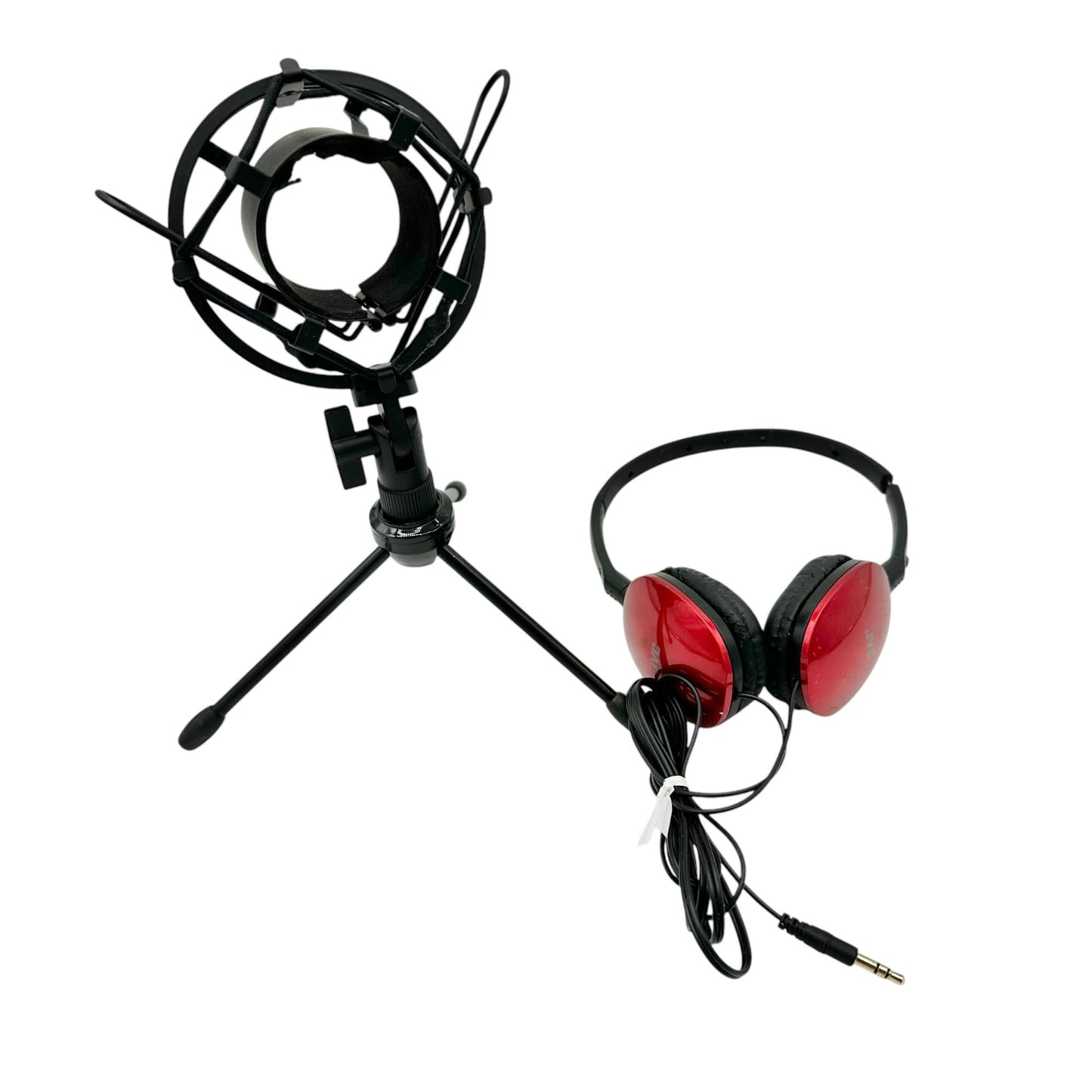 Microphone Stand With Shock Mount 10 inch Tall and JVC Red Wired Headphones