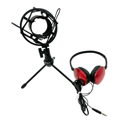 Microphone Stand With Shock Mount 10 inch Tall and JVC Red Wired Headphones