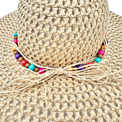 Wide Brim Straw Sun Hat With Multicolor Beaded Band One Size Lightweight Stylish