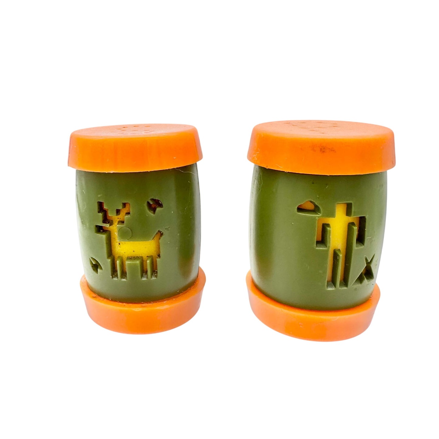 Retro Plastic Salt & Pepper Shakers With Animal & Cactus Cutouts Green & Orange Colors 2 Inches Tall