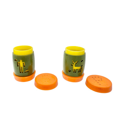Retro Plastic Salt & Pepper Shakers With Animal & Cactus Cutouts Green & Orange Colors 2 Inches Tall