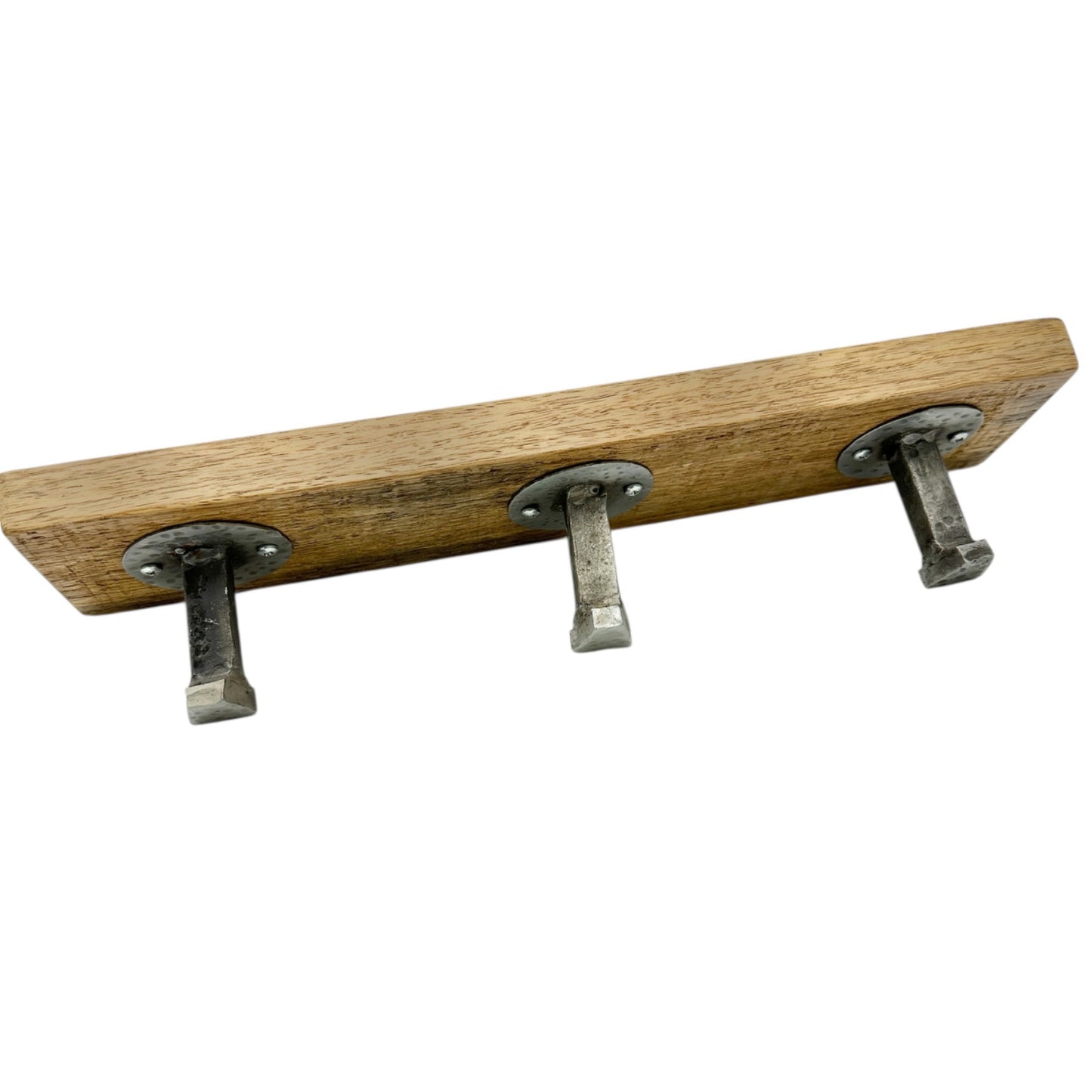 Rustic Wood Wall Mounted Coat or Hat Rack With 3 Hammered Metal Hooks