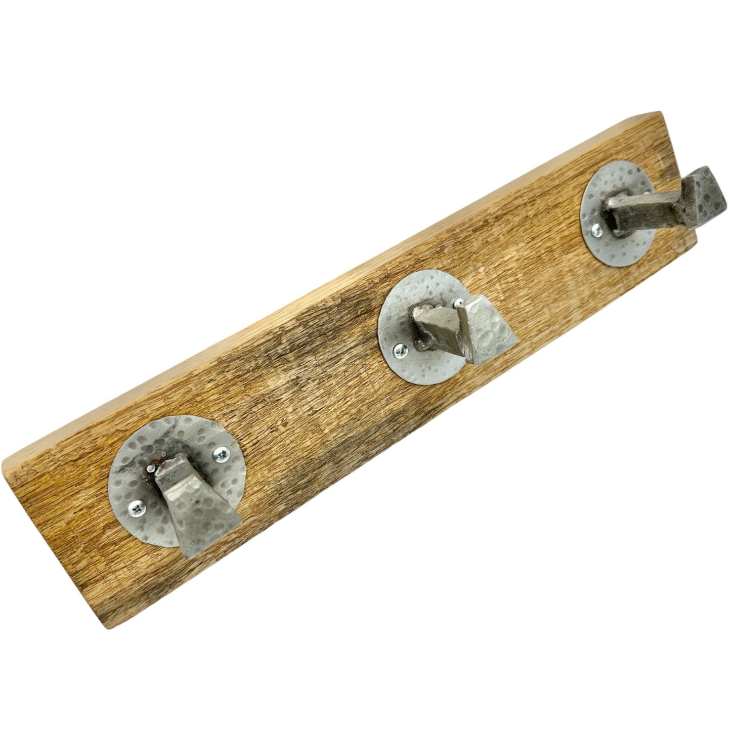 Rustic Wood Wall Mounted Coat or Hat Rack With 3 Hammered Metal Hooks