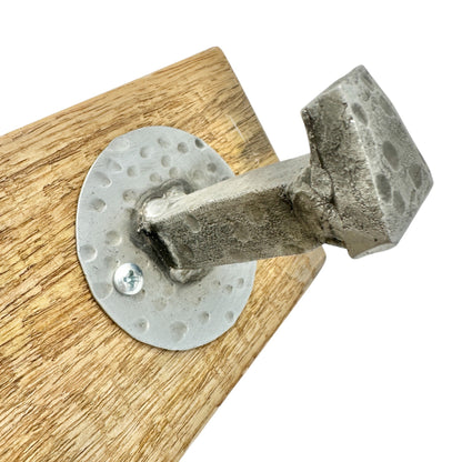 Rustic Wood Wall Mounted Coat or Hat Rack With 3 Hammered Metal Hooks