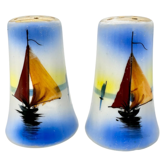 Hand-Painted Vintage Japanese Salt and Pepper Shakers With Sailboat Design