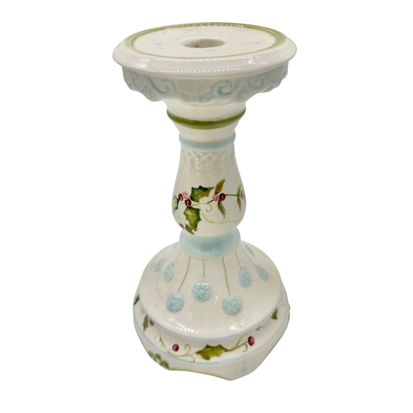 Tracy Porter Hand Painted Holiday Candle Holder Holly and Snowflake 9 inch Tall