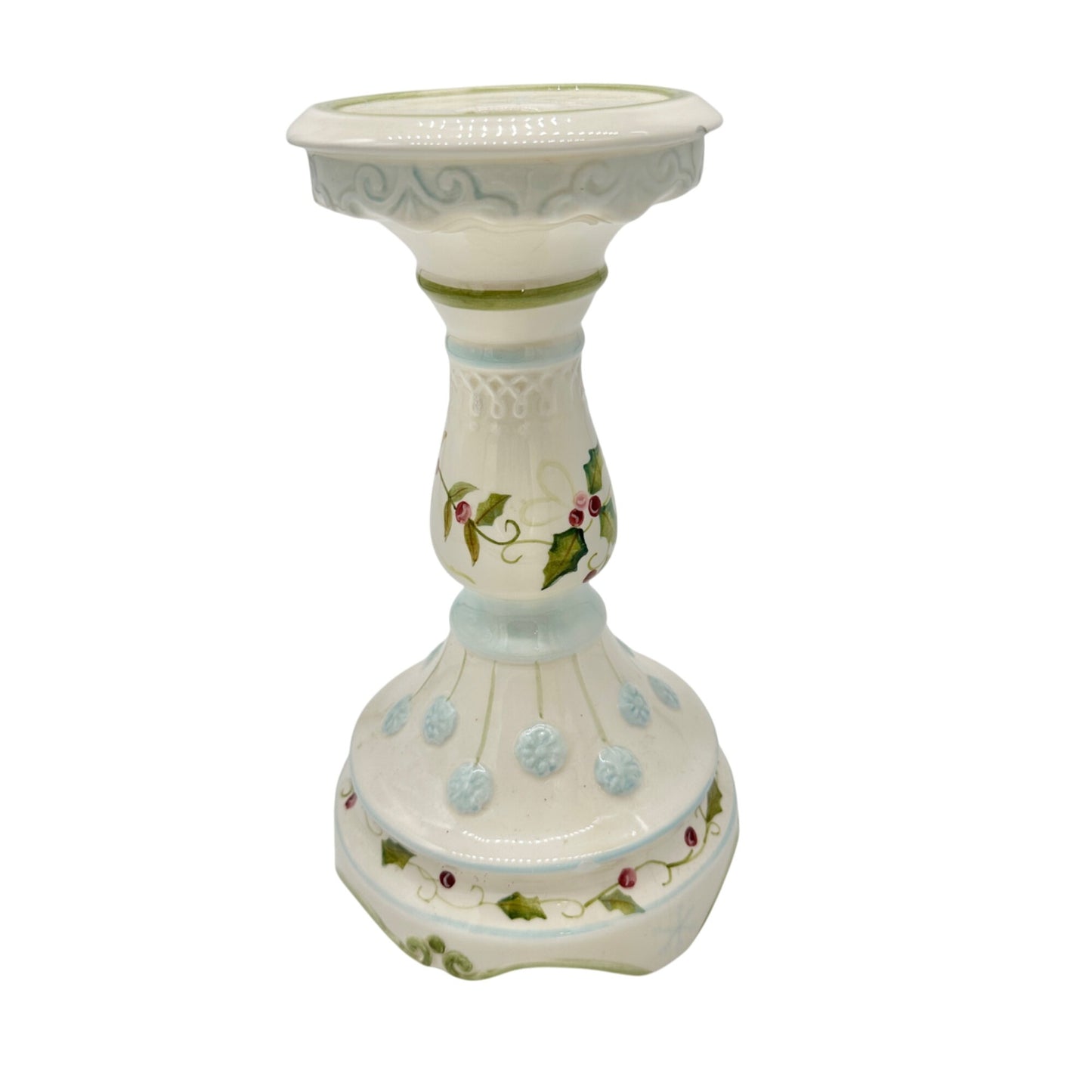 Tracy Porter Hand Painted Holiday Candle Holder Holly and Snowflake 9 inch Tall