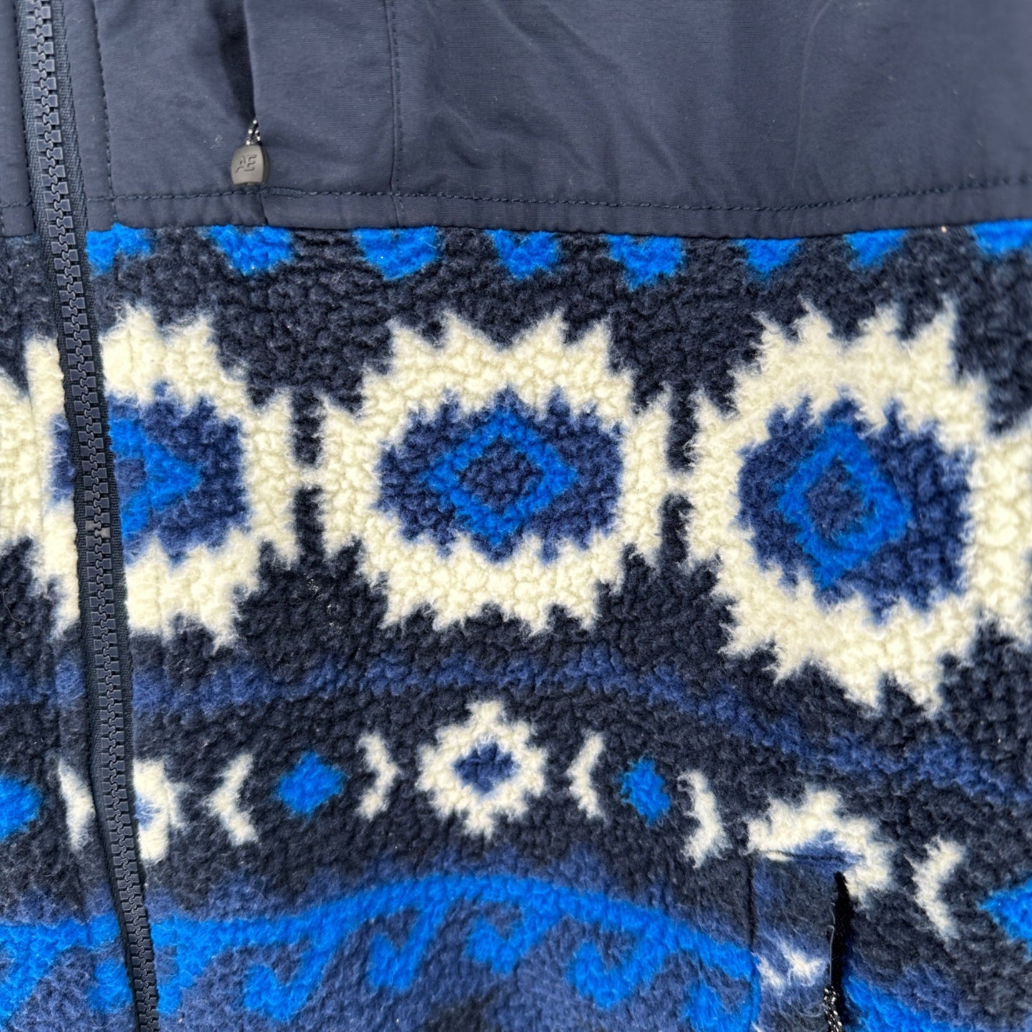 American Eagle Mens L Hooded Full-Zip Sherpa Lined Jacket Blue Aztec Pattern