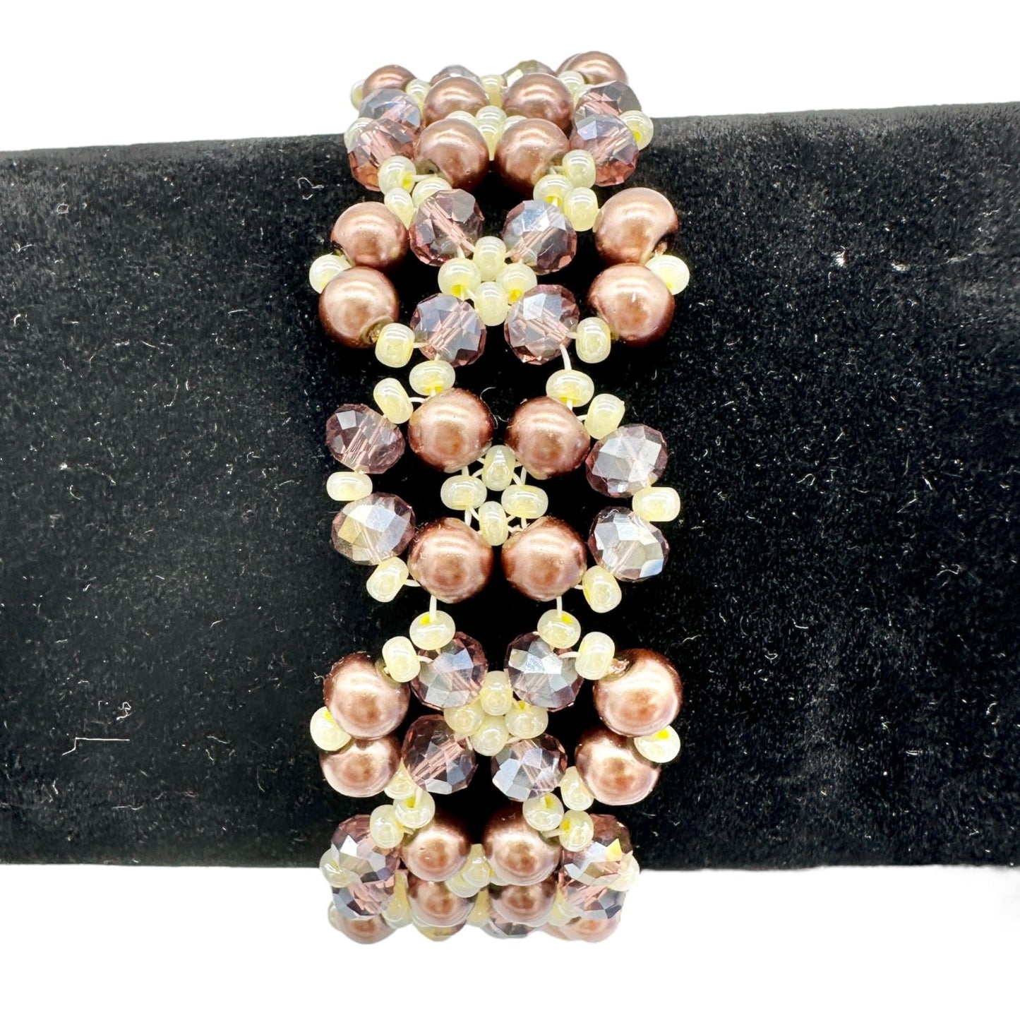Beaded Bracelet 8 inch Brown Cream Crystals and Faux Pearls with Toggle Closure