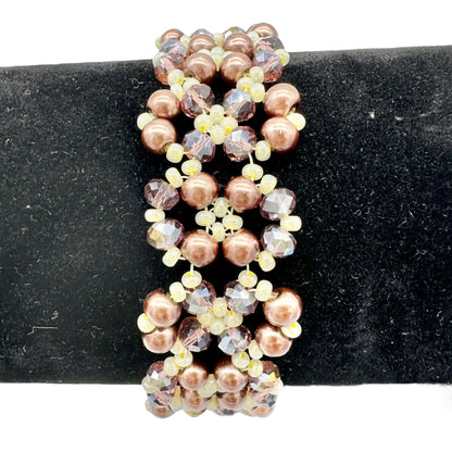 Beaded Bracelet 8 inch Brown Cream Crystals and Faux Pearls with Toggle Closure