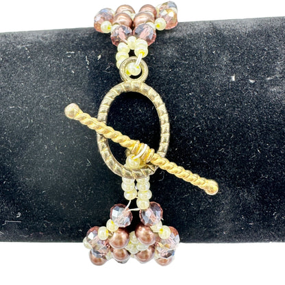 Beaded Bracelet 8 inch Brown Cream Crystals and Faux Pearls with Toggle Closure