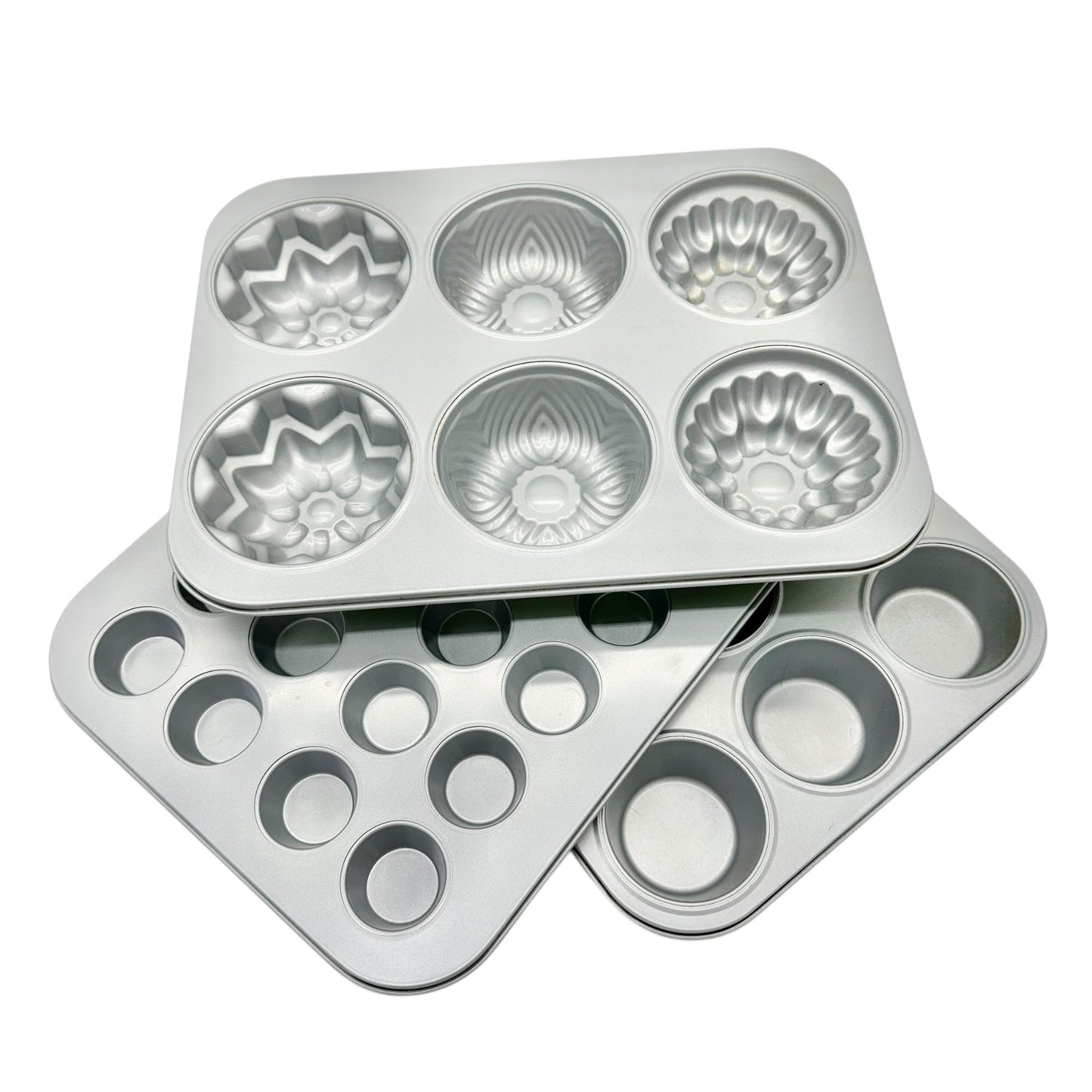 3-Piece Multicolor Metal Mini-Cake, Muffin and Cupcake Baking Pan Set