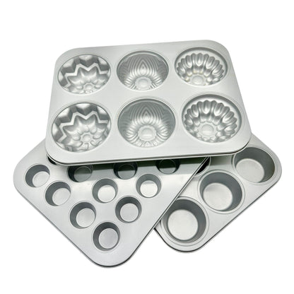 3-Piece Multicolor Metal Mini-Cake, Muffin and Cupcake Baking Pan Set