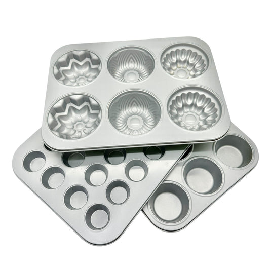 3-Piece Multicolor Metal Mini-Cake, Muffin and Cupcake Baking Pan Set