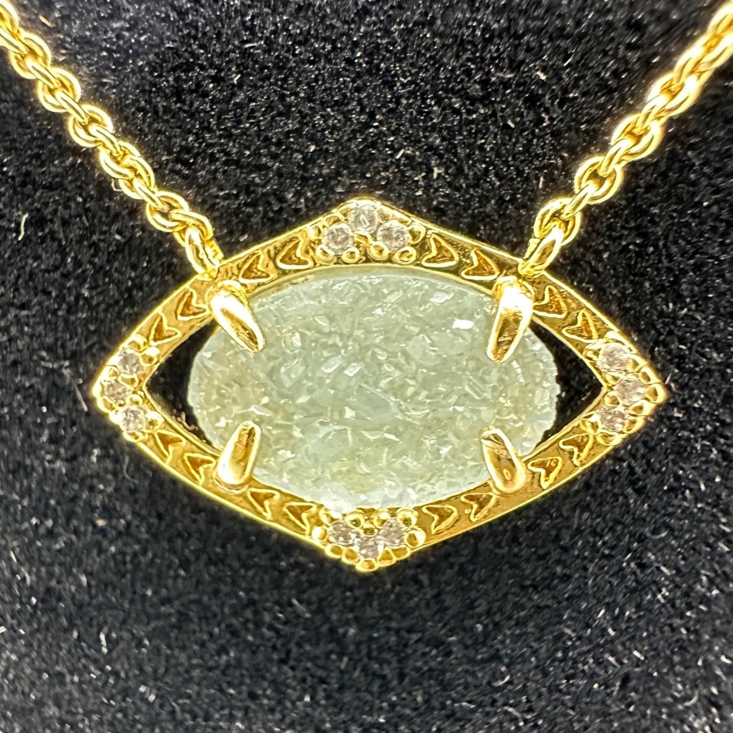 Stella & Dot Gold-Tone Necklace Aqua Druzy Pendant Crystal Accents Original Box