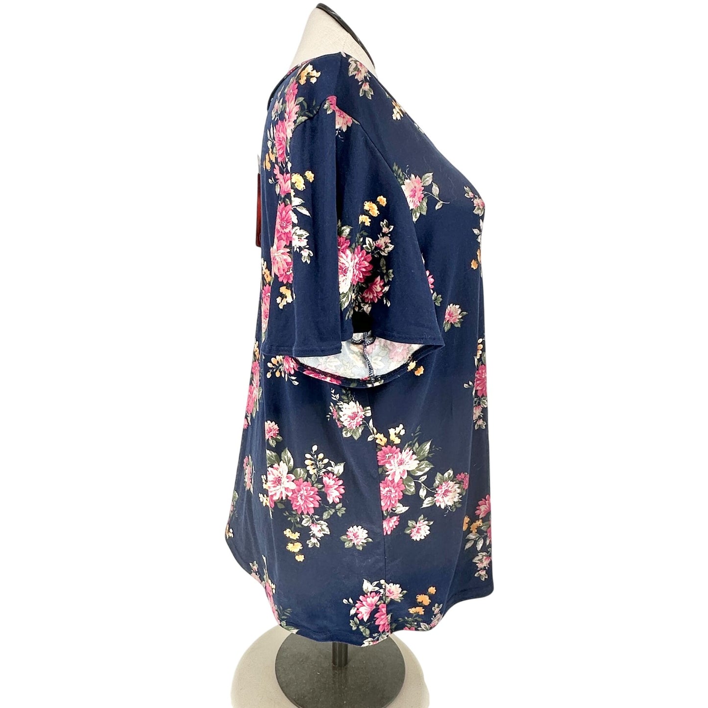 Mikarose Ruffle Sleeve Floral Top Navy Mauve 3X Short Sleeve Poly Spandex Blend