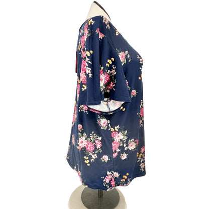 Mikarose Ruffle Sleeve Floral Top Navy Mauve 3X Short Sleeve Poly Spandex Blend