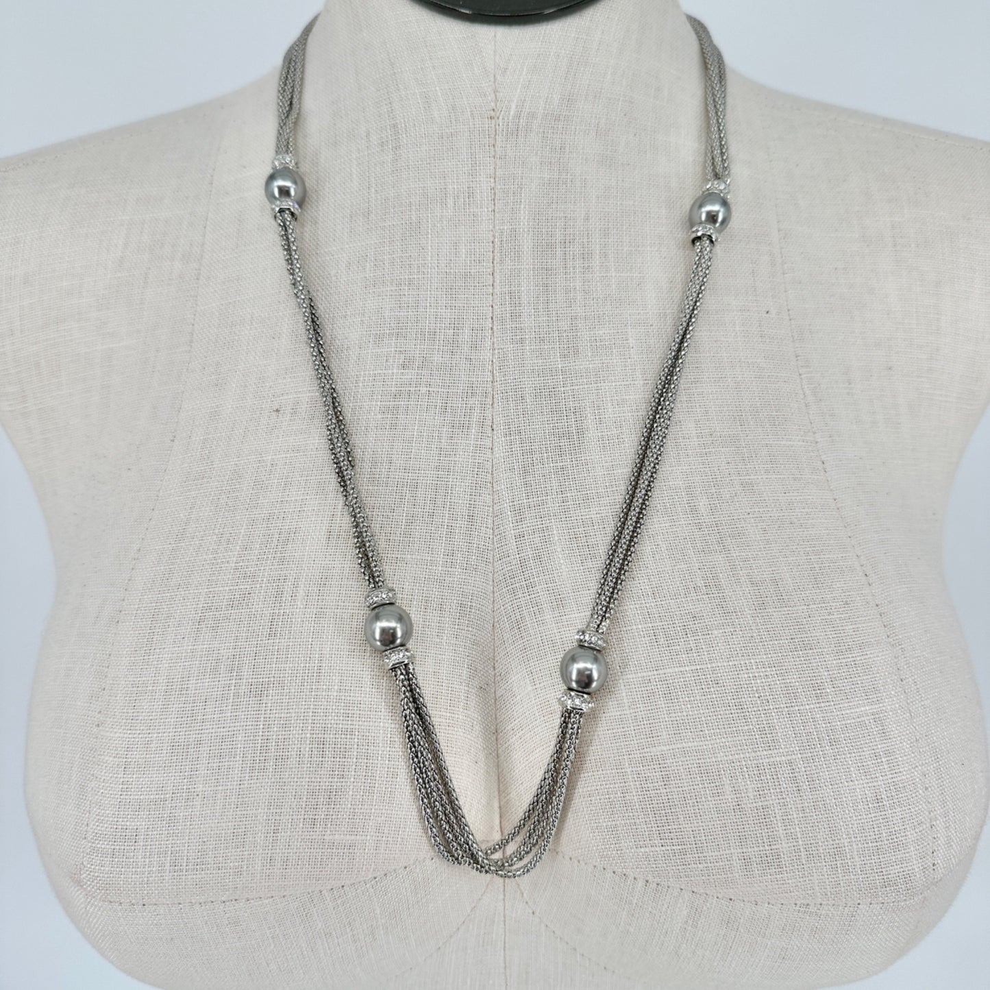 Premier Designs Multi Strand Silvertone Necklace Faux Gray Pearls Rhinestones