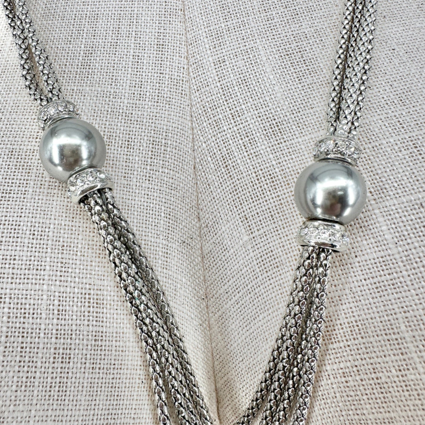 Premier Designs Multi Strand Silvertone Necklace Faux Gray Pearls Rhinestones