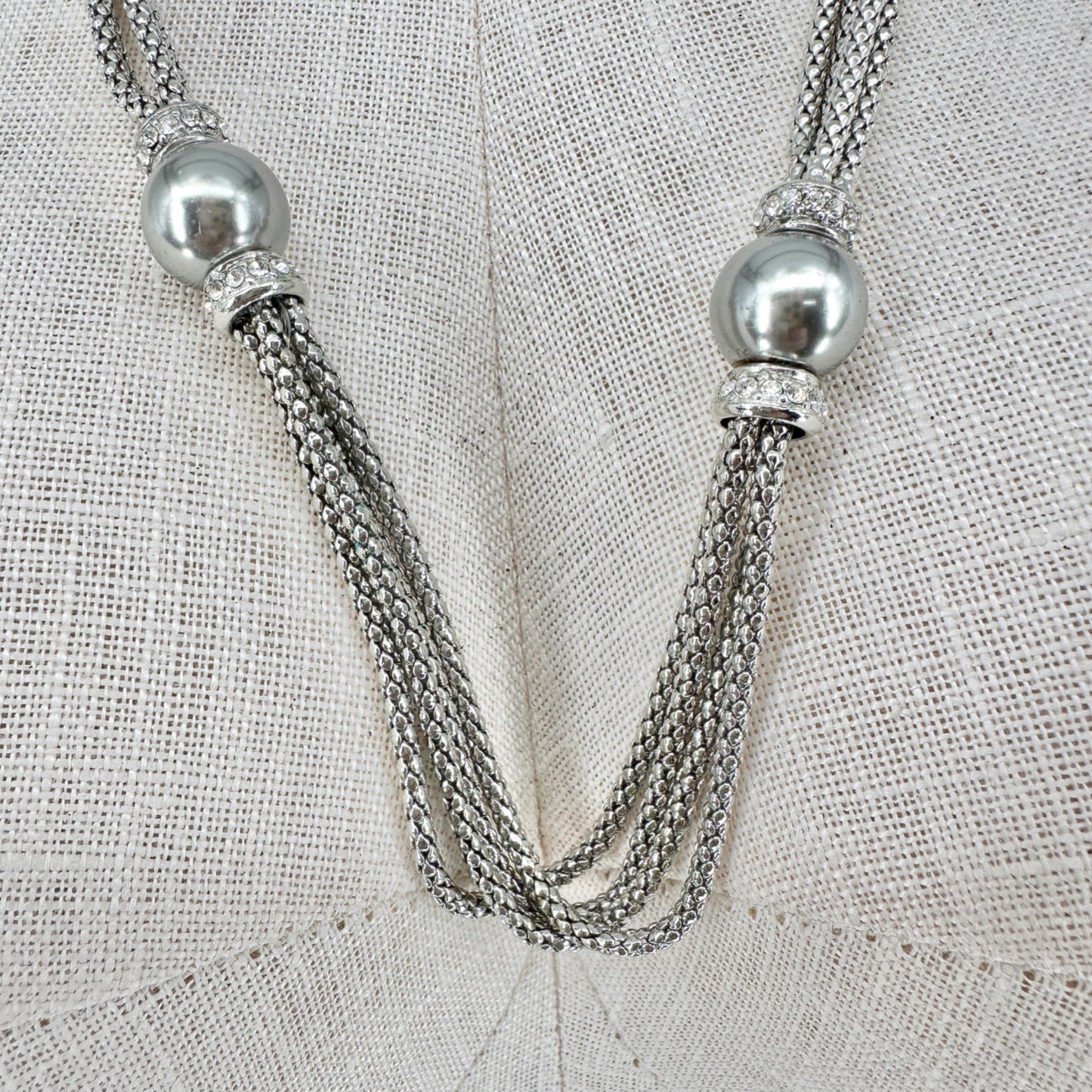 Premier Designs Multi Strand Silvertone Necklace Faux Gray Pearls Rhinestones