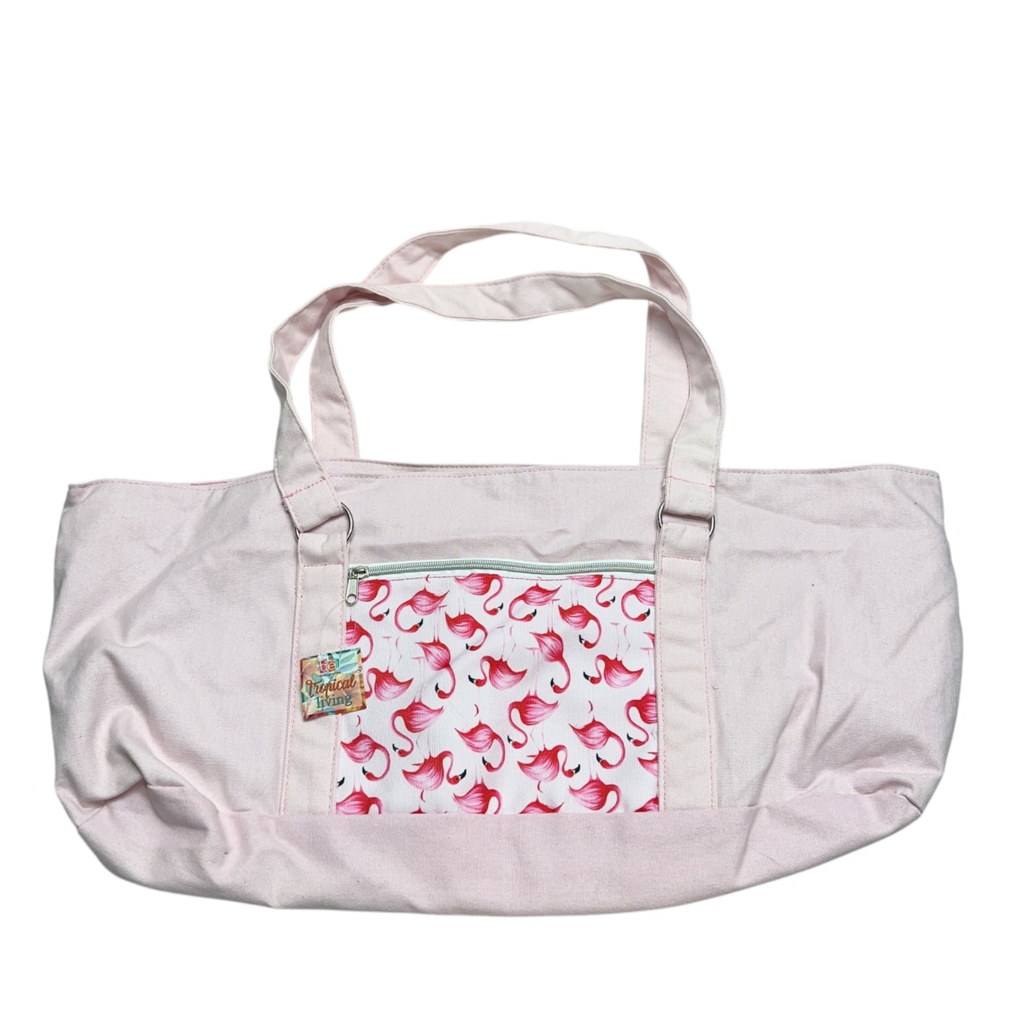 Pink Canvas Tote Bag Flamingo Print Lined Pocket Zippered Compartments By DEI